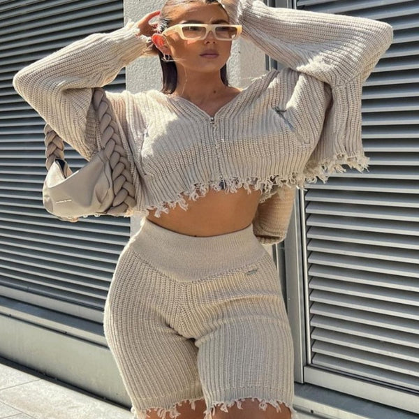 Women Clothing On Sale Women Fashion Casual Clothes Solid Color Two Piece  Knitted Long Sleeve Tassel Outfits Outfits for Women 2 Piece Sets